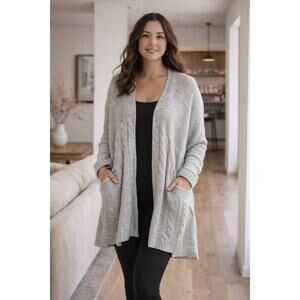 Sam Edelman Longline Knit Cardigan Gray Oversized Cozy Minimalist Open Neutral